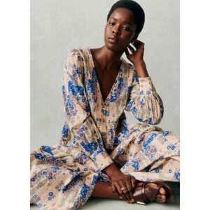 Sezane Benedetta Maxi Dress Blue Patchwork Floral Organic Cotton Tiered sz 2 NEW